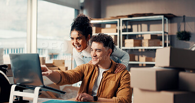 Buy stock photo Team, laptop and shipping with people excited at warehouse with delivery success, feedback and supply chain win. PC, pointing and happy surprise for courier target or ecommerce sales achievement