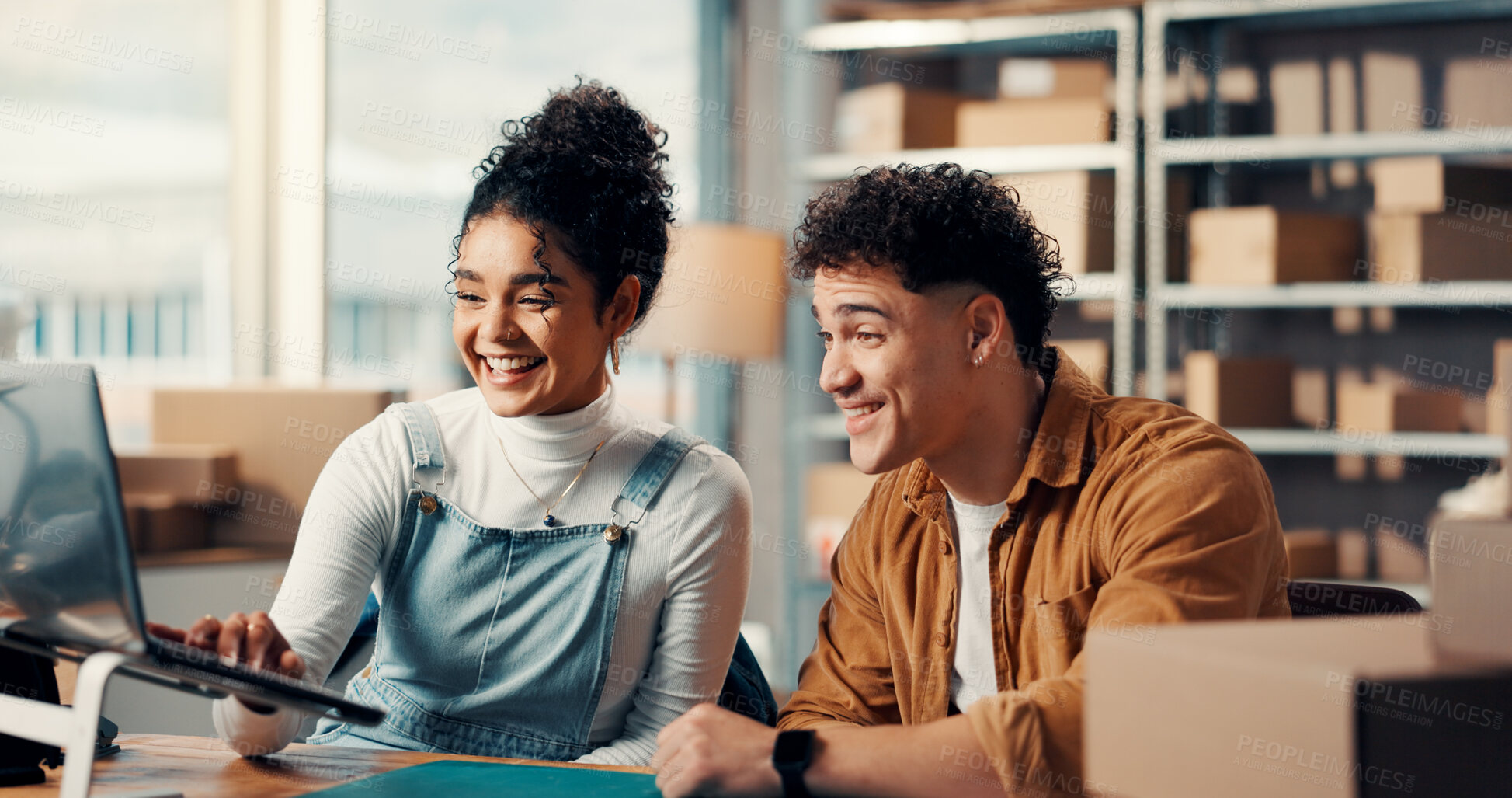 Buy stock photo Team, shipping and happy people with laptop for delivery success, feedback and supply chain win. Supplier, small business deal and colleagues with courier target or ecommerce sales achievement