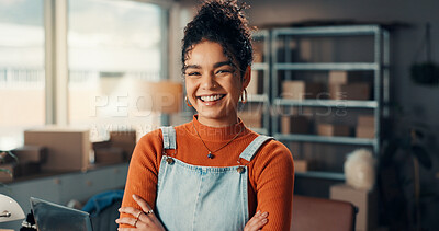 Buy stock photo Happy woman, portrait and startup with confidence for small business or distribution in logistics. Female person, distributor or entrepreneur with smile for online company, supply chain or service