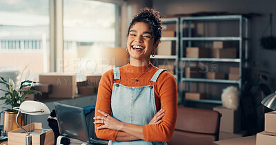 Buy stock photo Portrait, crossed arms and woman in office with logistics, shipping or delivery for small business. Laugh, confident and female entrepreneur from Brazil with pride for distribution of order packages.