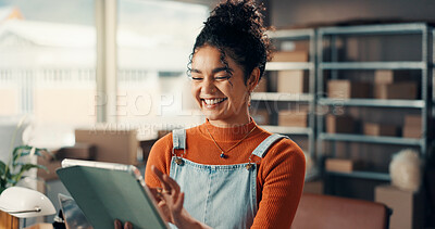Buy stock photo Tablet, smile and woman in office for ecommerce, inventory management or reading online review. Technology, distributor and app for shipping in small business, supply chain update and happy for sale