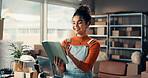 Small business, logistics and woman with tablet in office for online order, track delivery or shipping. Ecommerce startup, person and happy with digital app for package distribution and supply chain