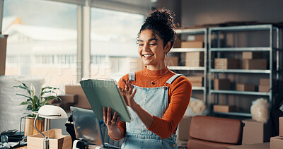 Buy stock photo Small business, logistics and woman with tablet in office for online order, track delivery or shipping. Ecommerce startup, person and happy with digital app for package distribution and supply chain