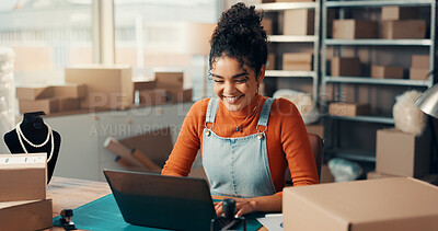 Buy stock photo Ecommerce, laptop and happy woman typing in office with good news, distribution or sales update. Computer, worker and online with logistics email for order fulfillment, cargo and delivery of stock