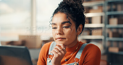 Buy stock photo Business, thinking and woman with laptop, logistics and problem solving with company website. Online order, pc and person with ecommerce, decision and solution with planning, supply chain and email