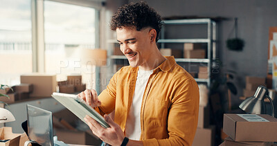 Buy stock photo Tablet, smile and man in office for distribution, inventory management or reading online review. Technology, distributor and app for shipping in small business, supply chain update and happy for sale