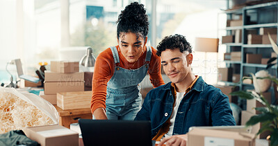 Buy stock photo Logistics, small business team and planning with laptop for online order, shipping or delivery route. Dropshipping startup, people and tech with supply chain discussion or cargo procurement in office