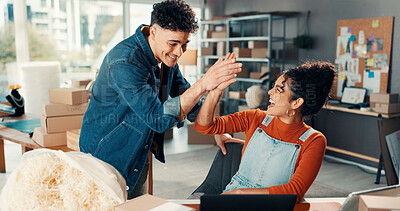 Buy stock photo Happy people, high five and winning with laptop for small business success, good news or logistics. Excited, woman and man with touch or boxes for shipping service, distribution or online review