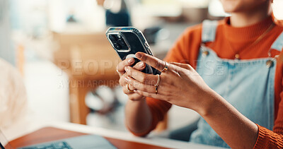 Buy stock photo Hands, logistics and phone with person in office for delivery, distribution or shipping. App, online order and supply chain with woman in workshop for communication, ecommerce or schedule on mobile