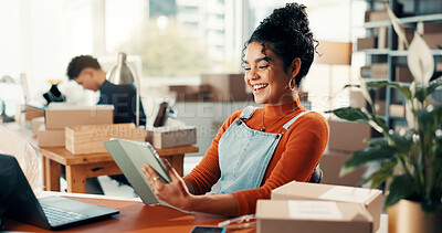 Buy stock photo Smile, woman and reading on tablet for distribution checklist, courier update and supply chain. Small business, digital and person happy with funny reviews, inventory management and schedule shipping