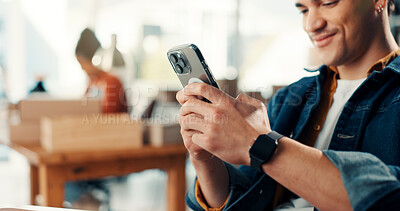 Buy stock photo Hands, phone and supply chain with man in office for delivery, distribution or shipping. App, communication and online order with person in workshop for ecommerce, logistics or schedule on mobile