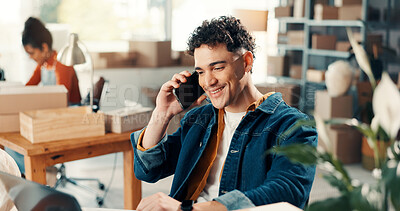 Buy stock photo Happy, man and phone call in small business, logistics or planning for delivery of product or boxes. Entrepreneur, talking and communication with contact for distribution, ecommerce and shipping