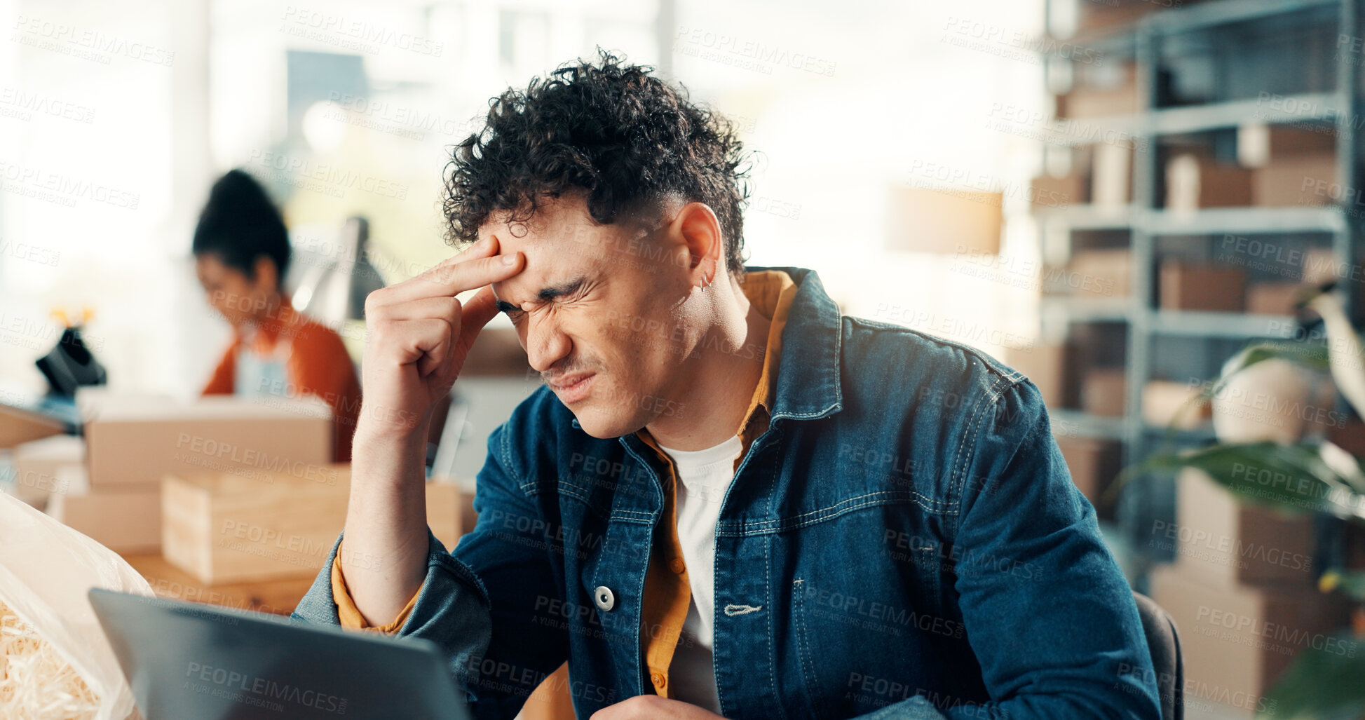 Buy stock photo Logistics, entrepreneur and man with stress, office or thinking of supply issues and delivery delay. Small business, reflection and anxious for negative feedback on laptop, frustrated and headache