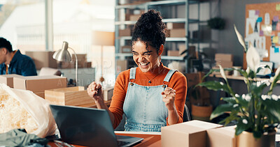 Buy stock photo Happy woman, fist pump and winning with laptop in logistics for good news, online review or deal. Female person, distributor or small business owner with smile in celebration for distribution success