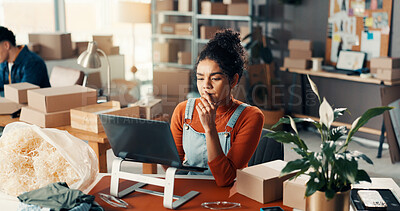 Buy stock photo Business, thinking and woman with laptop, supply chain and problem solving for online shipping. Person, PC and employee with ecommerce, decision and solution with website info, planning and email