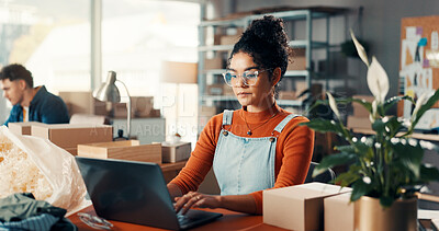 Buy stock photo Office, logistics and woman typing on laptop for stock, inventory management and procurement email. Computer, worker and online for shipping with distribution, delivery and sale in small business