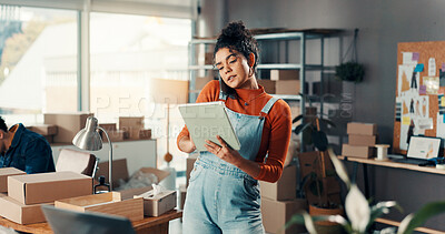 Buy stock photo Logistics, phone call and tablet with woman in office for delivery, distribution or shipping. App, boxes and communication with supply chain employee at work for courier schedule or online order