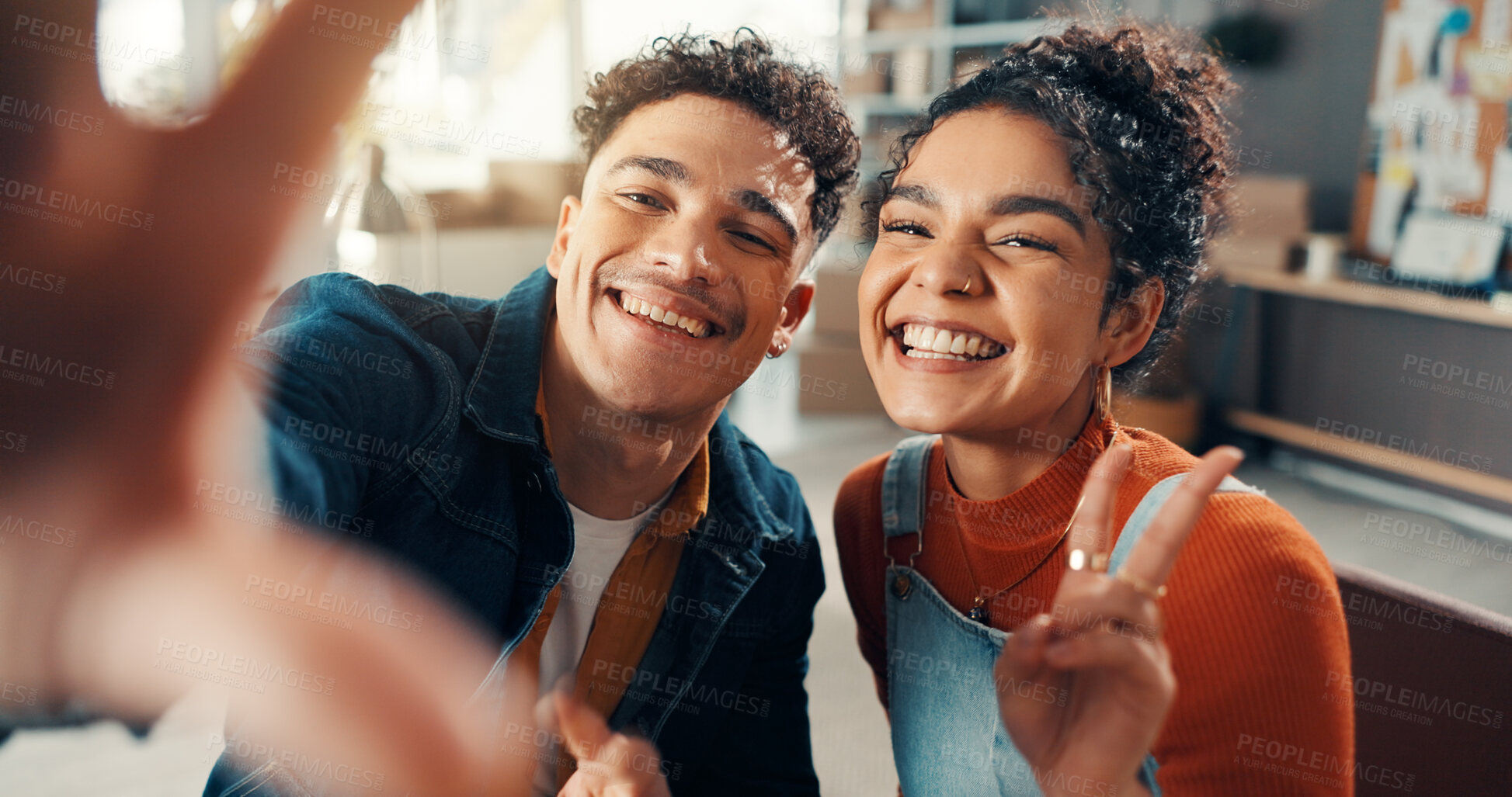 Buy stock photo Portrait, team and people in small business, selfie or photography for social media marketing or web. Woman, smile and man with peace sign for picture, logistics or brand identity for online shop