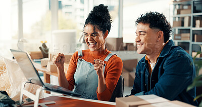 Buy stock photo Happy people, fist pump or winning with laptop in logistics for good news, online review or deal. Man, woman or excited distribution team with smile in celebration for small business success together