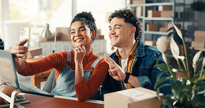 Buy stock photo Happy, team and people in small business, selfie and photography for social media marketing and web. Woman, smile and man with peace sign for picture, logistics or brand identity for online shop