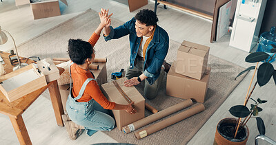 Buy stock photo Team, boxes and people with high five for delivery success, sealing parcel and ready for courier. Above, package support and business partners in office for shipping, ecommerce and sales achievement