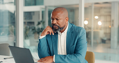 Buy stock photo Laptop, reading and thinking with business black man in office for company management or research. Computer, information and problem solving with mature manager at workplace desk for administration