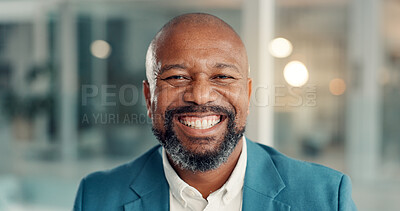 Buy stock photo Portrait, business and happy black man in office as investment banker with ambition. Smile, confident manager and African entrepreneur with financial consultant, corporate and mature advisor in Kenya