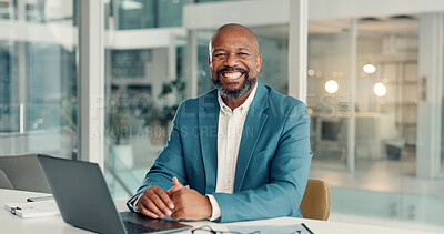 Buy stock photo Portrait, business and black man with laptop in office of accounting, about us and finance consultant. Mature person, PC and ambition of career pride, financial audit and budget management of company