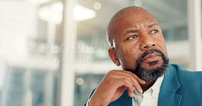 Buy stock photo Thinking, ideas and black man in office with decision, choice or opportunity in finance career. Planning, space and mature African male financial manager with brainstorming for investment proposal.