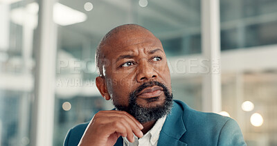 Buy stock photo Thinking, ideas and black man in office with decision, choice or opportunity in finance career. Planning, business and mature African male financial manager with brainstorming for investment proposal