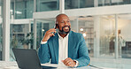 Phone call, employee and mature man in office, accountant or discussion with contact for opportunity. Happy, account manager and black person with mobile for business development, plan and networking