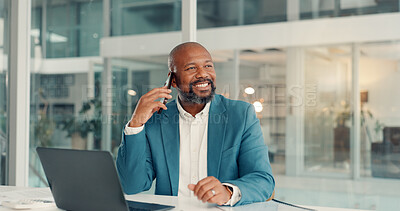 Buy stock photo Phone call, employee and mature man in office, accountant or discussion with contact for opportunity. Happy, account manager and black person with mobile for business development, plan and networking