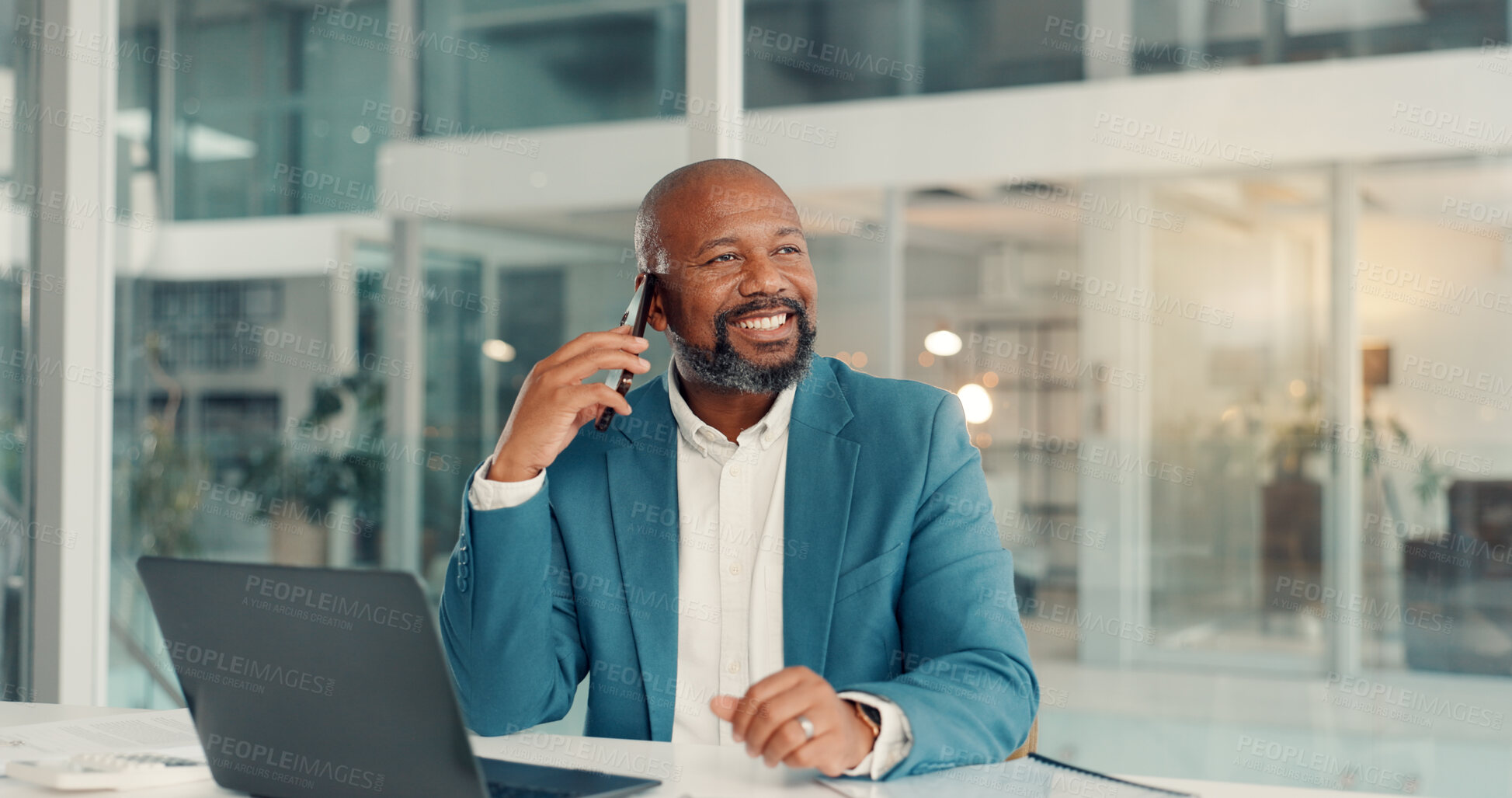 Buy stock photo Phone call, employee and mature man in office, accountant or discussion with contact for opportunity. Happy, account manager and black person with mobile for business development, plan and networking