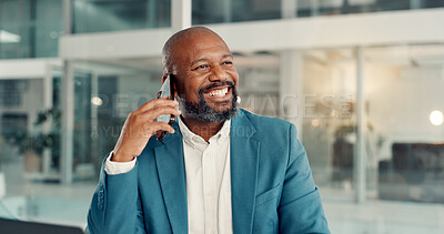Buy stock photo Phone call, smile and mature man in office, accountant or communication with contact for opportunity. Happy, account manager and black person with mobile for business development, plan and networking