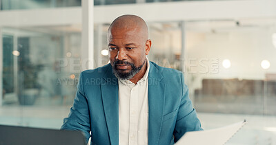 Buy stock photo Documents, laptop and reading with business black man in office for management of company development. Computer, paperwork and research with mature employee in corporate workplace for administration