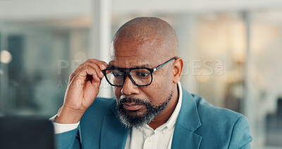 Buy stock photo Glasses, laptop and research with business black man in office for management of company development. Computer, planning and reading with mature employee in corporate workplace for administration