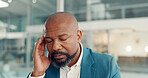 Business, headache and black man in office, stress and overtime with pain, tired and financial agency. Mature person, burnout or consultant in workplace, migraine or exhausted with fatigue or anxiety