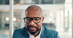 Glasses, reading and black man in office with research for finance report with company budget. Business, corporate and mature African financial manager working on investment proposal in workplace.