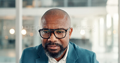 Buy stock photo Glasses, reading and black man in office with research for finance report with company budget. Business, corporate and mature African financial manager working on investment proposal in workplace.