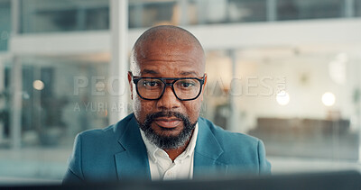 Buy stock photo Glasses, laptop and reading with business black man in office for management of company development. Computer, planning and research with mature employee in corporate workplace for administration