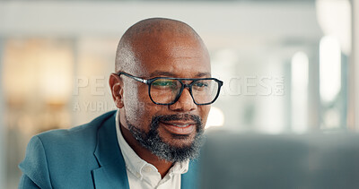 Buy stock photo Glasses, laptop and information with business black man in office for management of company development. Computer, reading and smile with mature employee in corporate workplace for administration