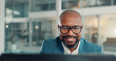 Buy stock photo Business, glasses and happy black man with computer in office for insurance policy review at night. Technology, mature broker and online in workplace for reading email with claims on overtime