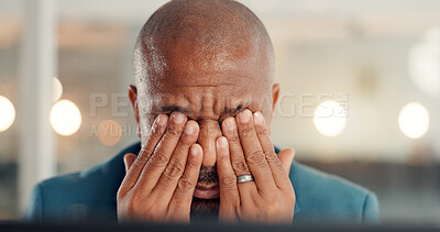 Buy stock photo Tired, laptop and stress with business black man in office for burnout, eye strain and night. Deadline pressure, vision fatigue and bokeh with frustrated person in agency for project research