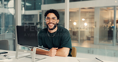 Buy stock photo Portrait, business and man with laptop in office for accounting, about us and finance consultant. Male accountant, PC and ambition with career pride, financial audit and budget management of company