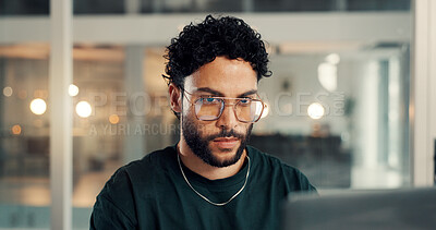 Buy stock photo Business, glasses and man with online reading, reflection and research for news report. Person, journalist or employee in office, laptop or eyewear for clear vision, bokeh or proposal for article