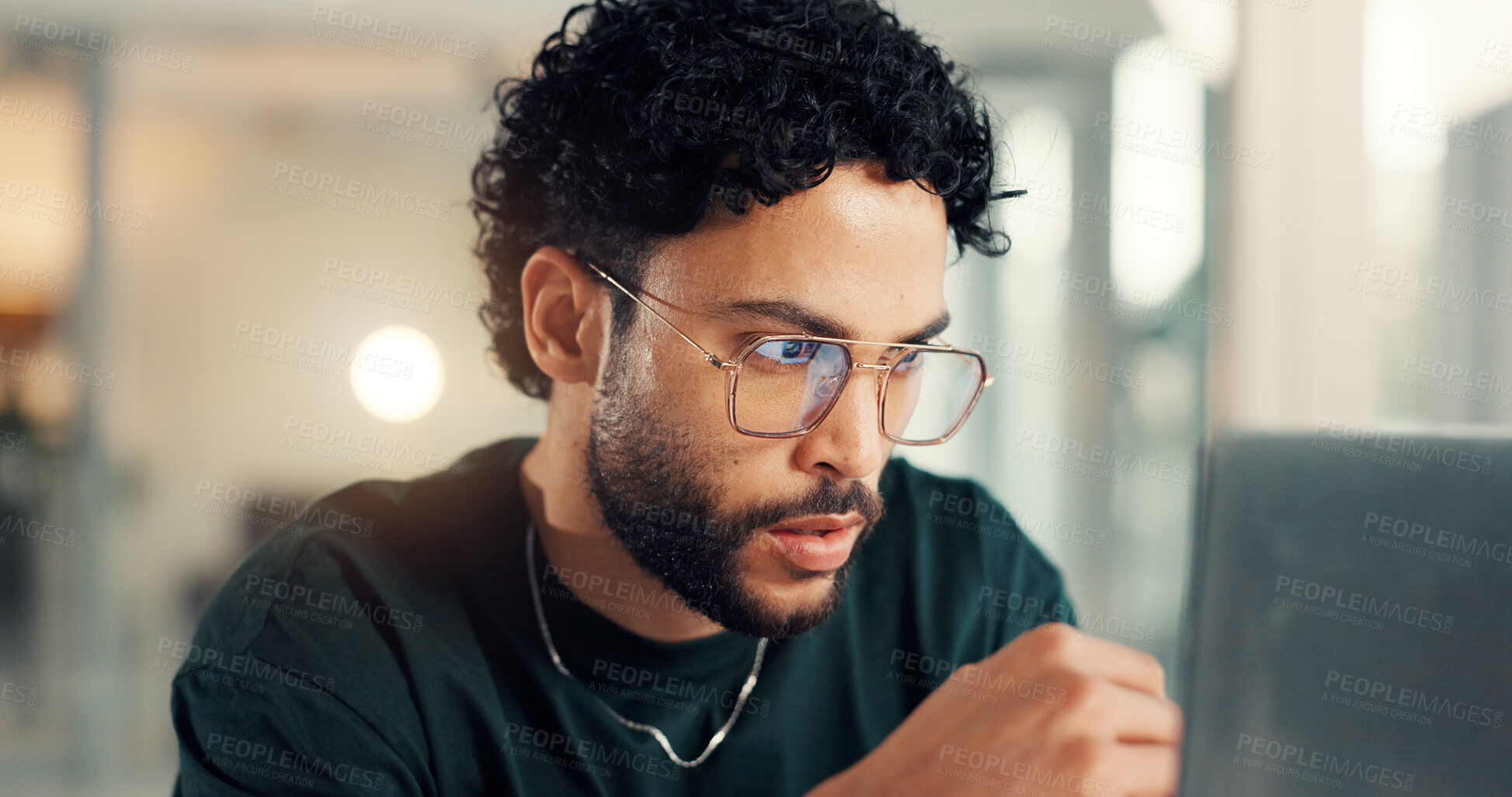 Buy stock photo Coding, laptop and thinking with man in office at night for problem solving or solution. Business, computer and web design with programmer in workplace for evening maintenance or troubleshooting