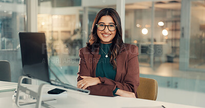 Buy stock photo Portrait, business and woman with laptop in office for accounting, about us and finance consultant. Female person, pc and ambition with career pride, financial audit and budget management of company