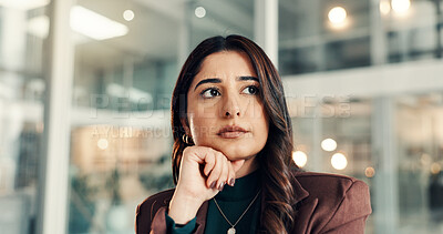 Buy stock photo Thinking, doubt and businesswoman in office with decision, choice or opportunity in finance career. Planning, ideas and financial manager with brainstorming or problem solving for investment proposal