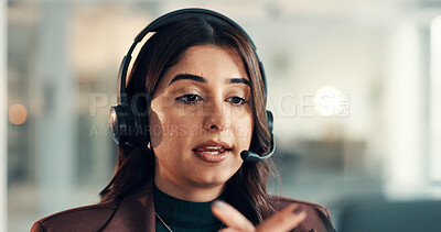 Buy stock photo Headset, talk and woman call center agent in office with CRM, communication or online consultation. Career, mic and female technical support consultant with customer service, contact us or help desk.