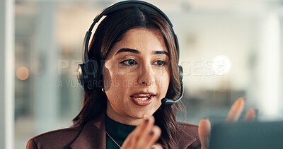 Buy stock photo Business, customer support and woman in office, laptop and discussion with help desk. Person, employee and consultant with pc, talking and call center with internet, communication and contact us